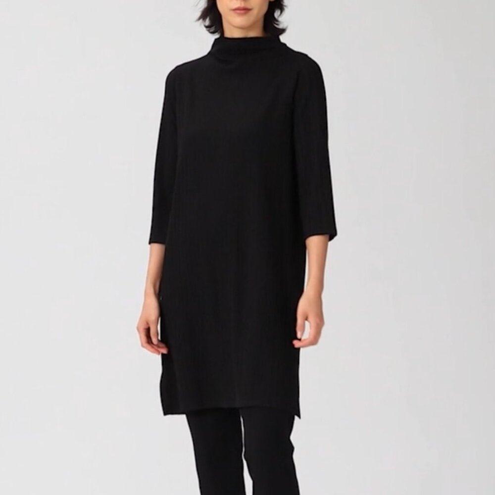 Eileen Fisher Washable Stretch Ribbed Funnel Neck Black Midi Dress Size XS - Picture 2 of 11
